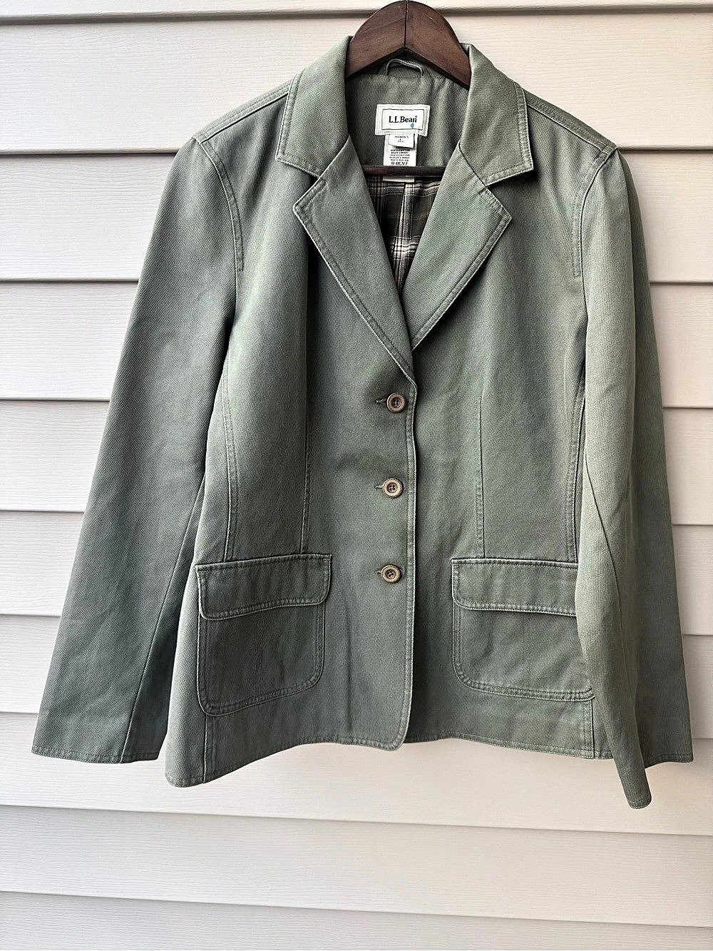 L.L.Bean Women’s L Sage Green Cotton Plaid Lined Blazer Jacket Preppy